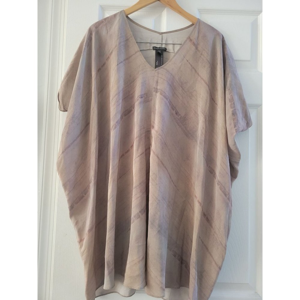 Eileen Fisher Woman silk mocha print stripe Poncho top one size fits all